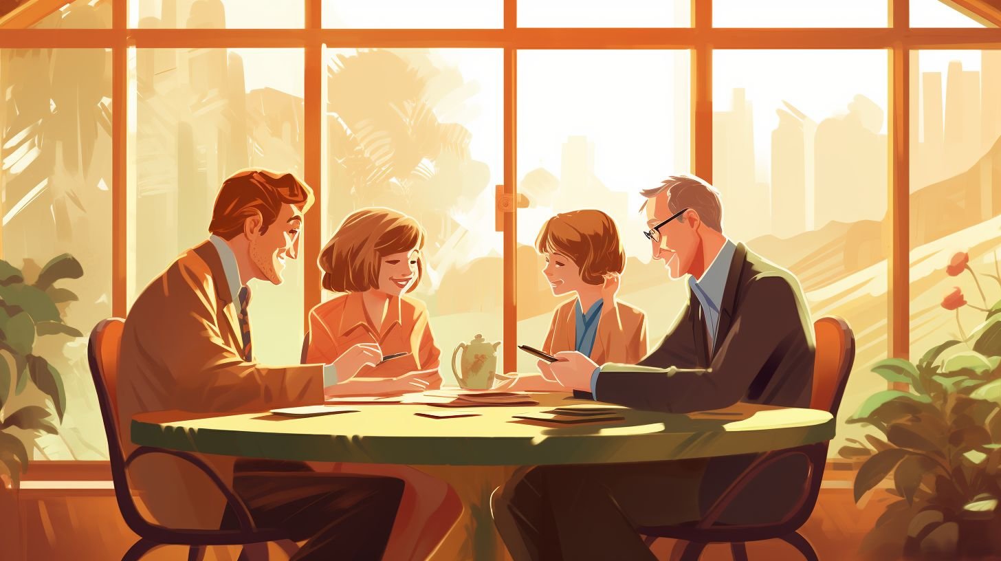 A family discussing retirement plans around a table.