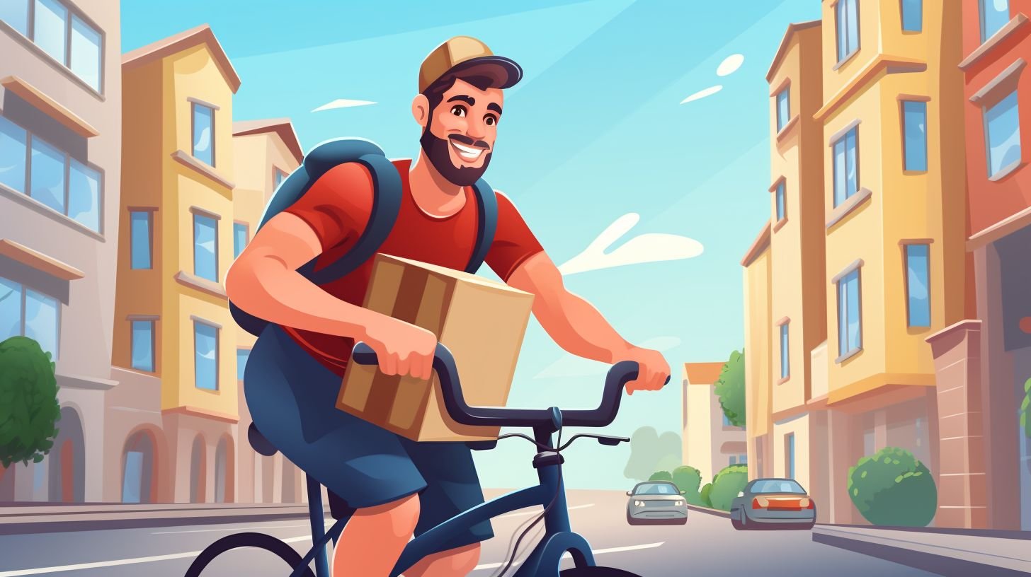 A happy delivery driver on a bicycle holds a package.