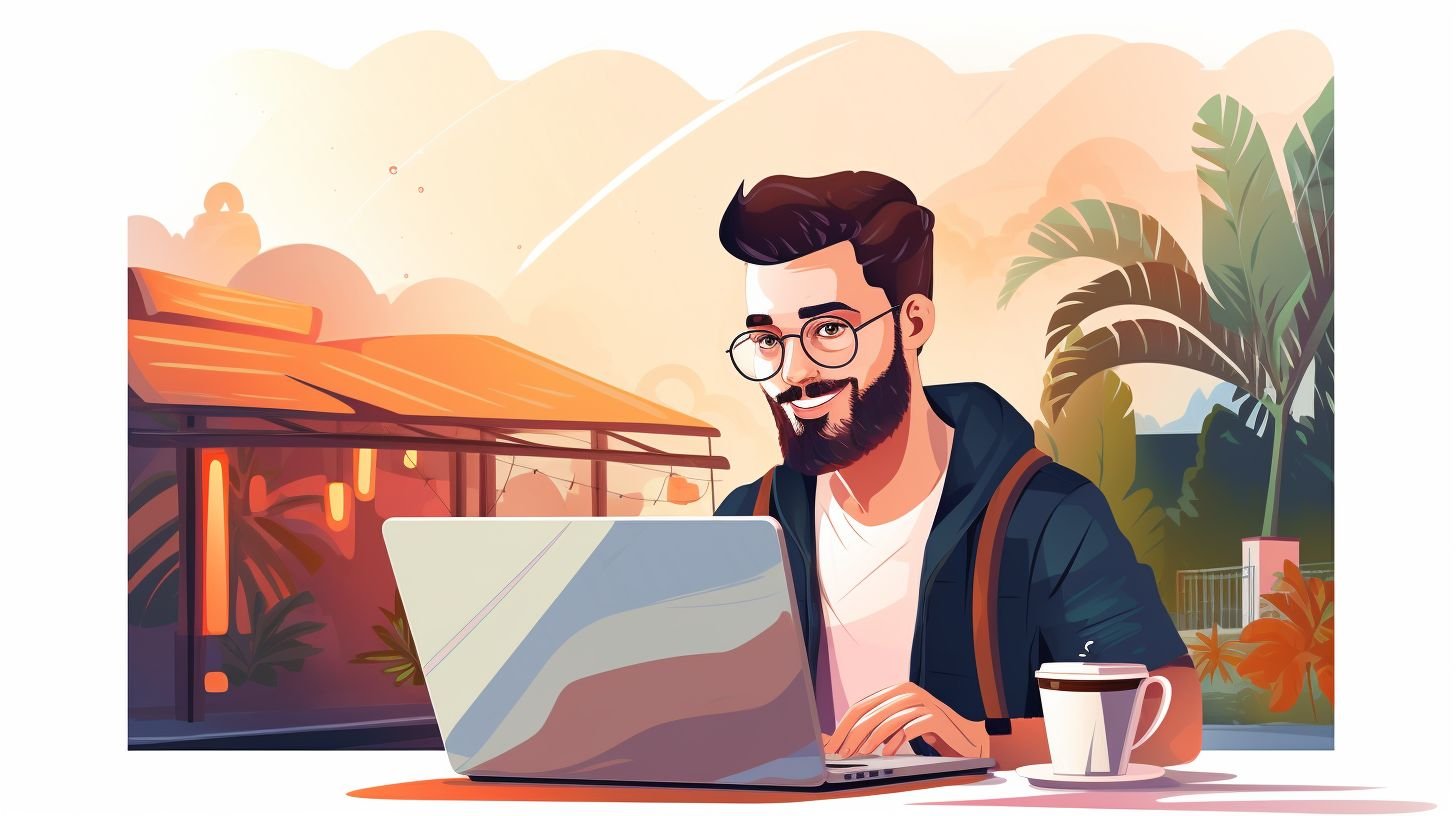 A freelancer happily works on a laptop at a vibrant coffee shop.