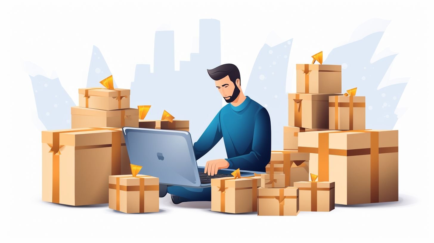 An entrepreneur surrounded by packages works on an e-commerce business.