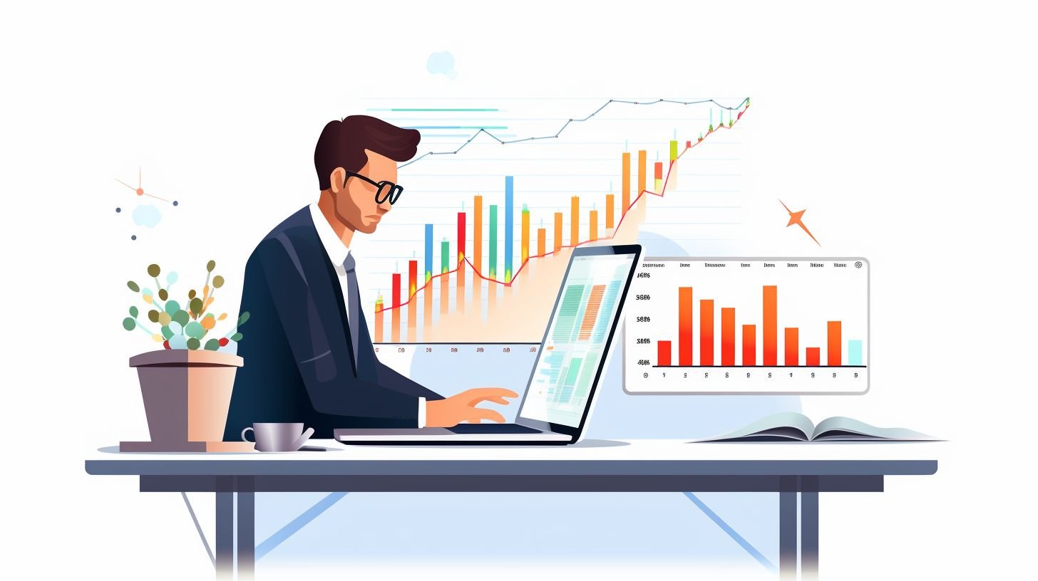 A stockbroker analyzing financial data on a laptop using charts and graphs.