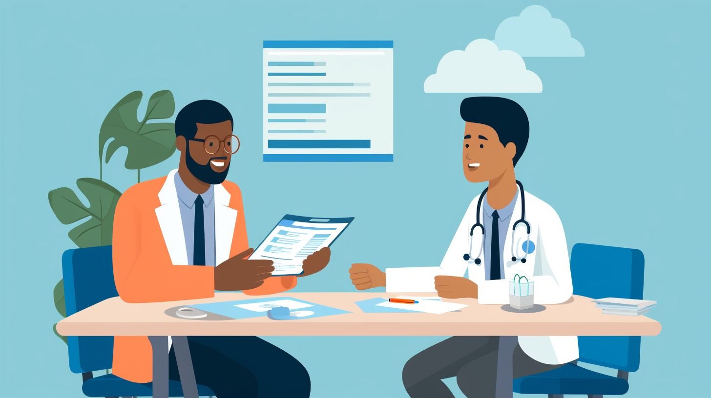 A person negotiating medical bills with a healthcare provider in a flat design style.