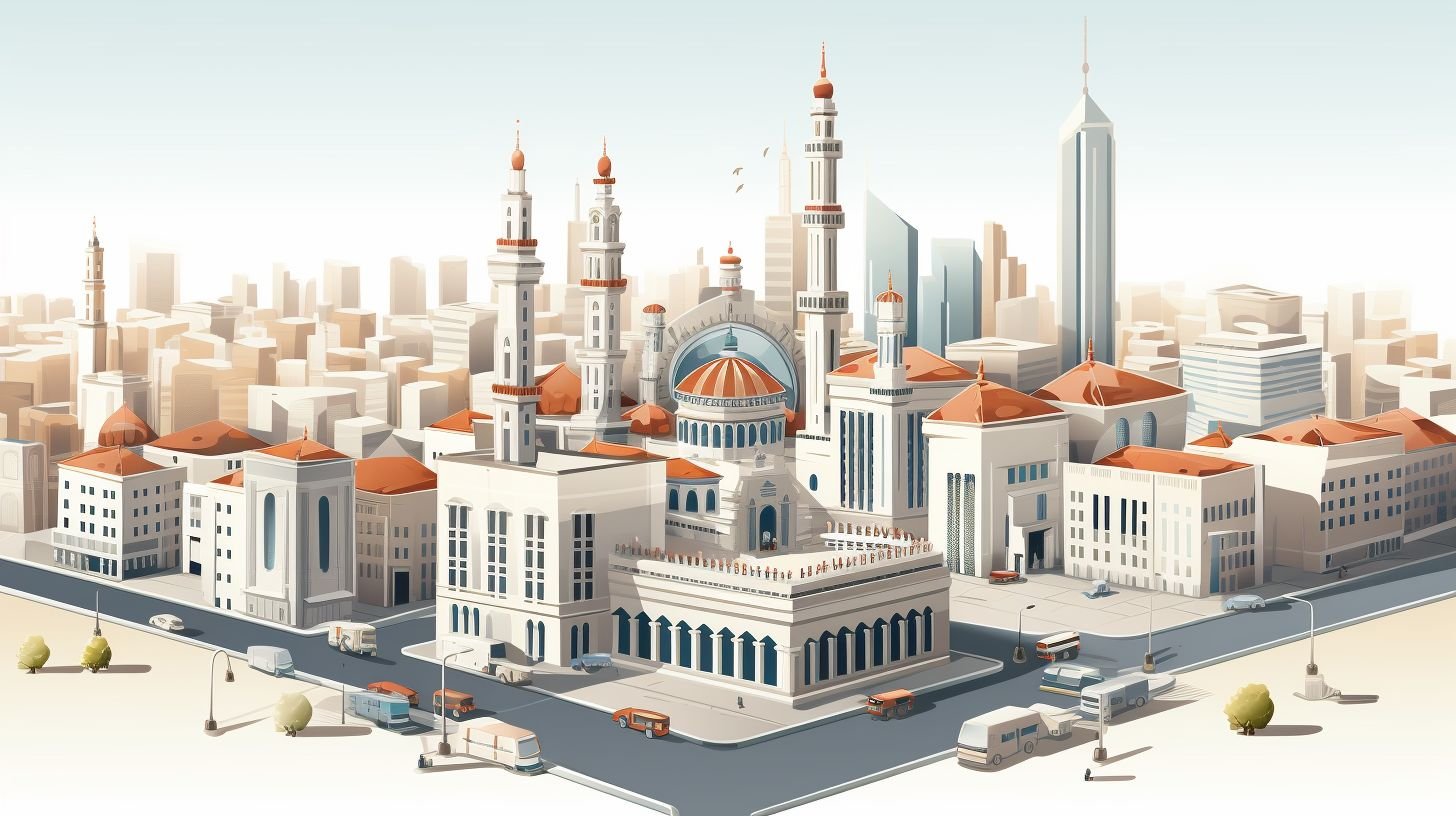 A lively financial district blending Islamic and modern architecture.