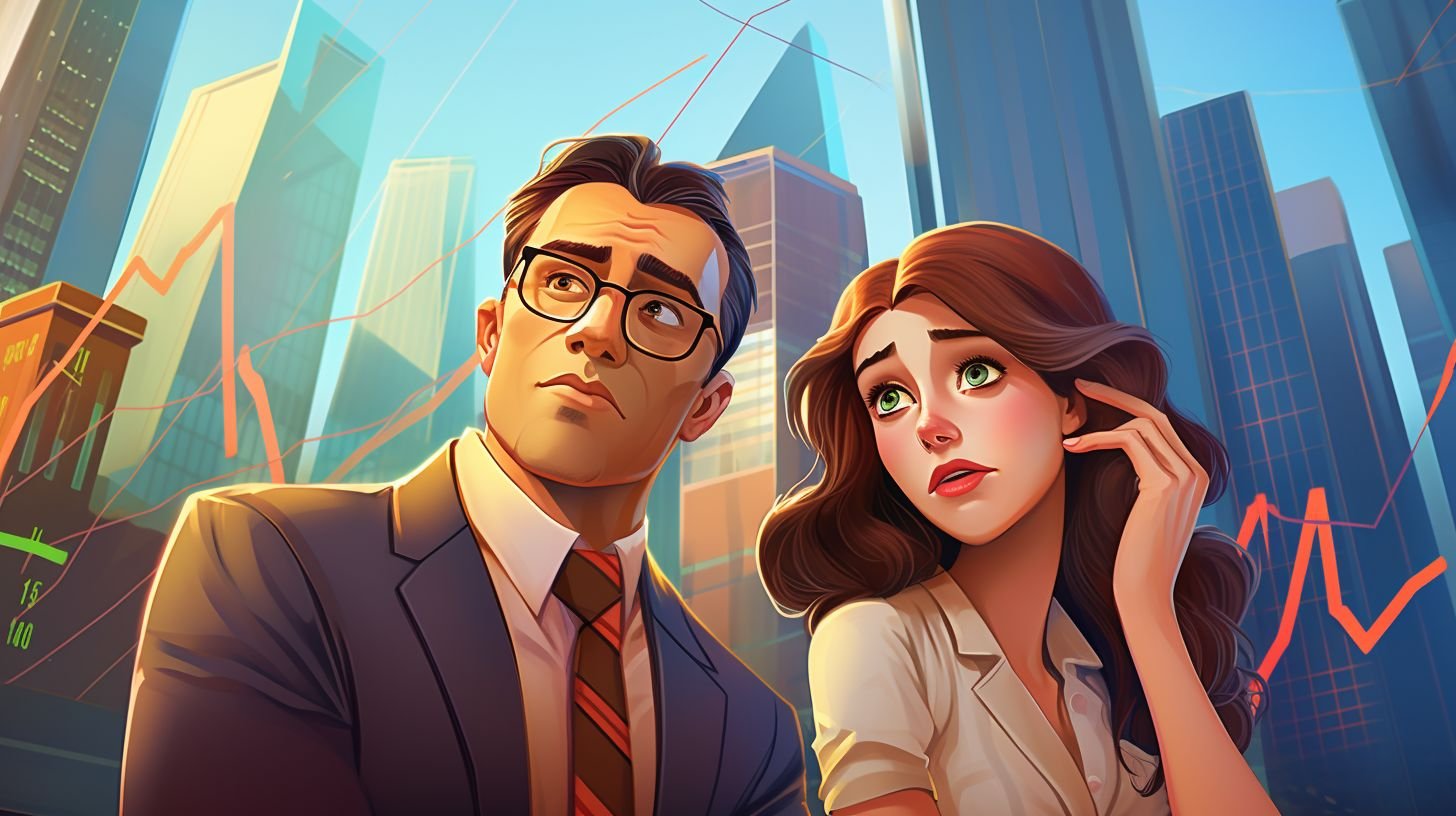 A concerned couple examines a declining stock market in a busy financial district.