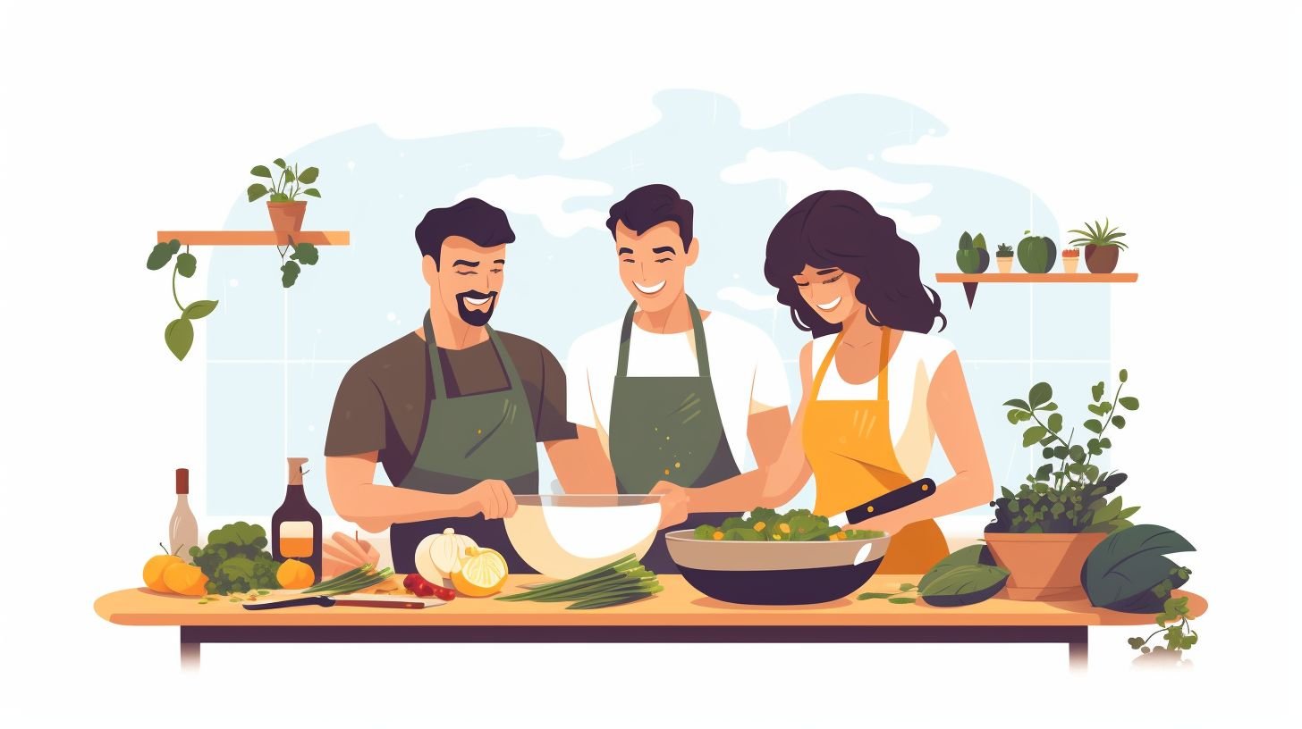 A family cooking together in a organized kitchen.