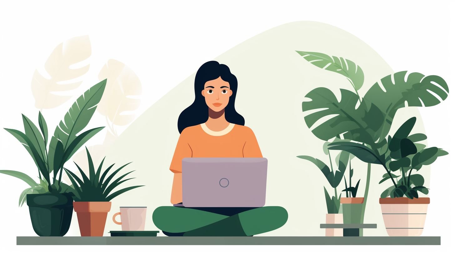 A woman working in a comfortable home office surrounded by plants.