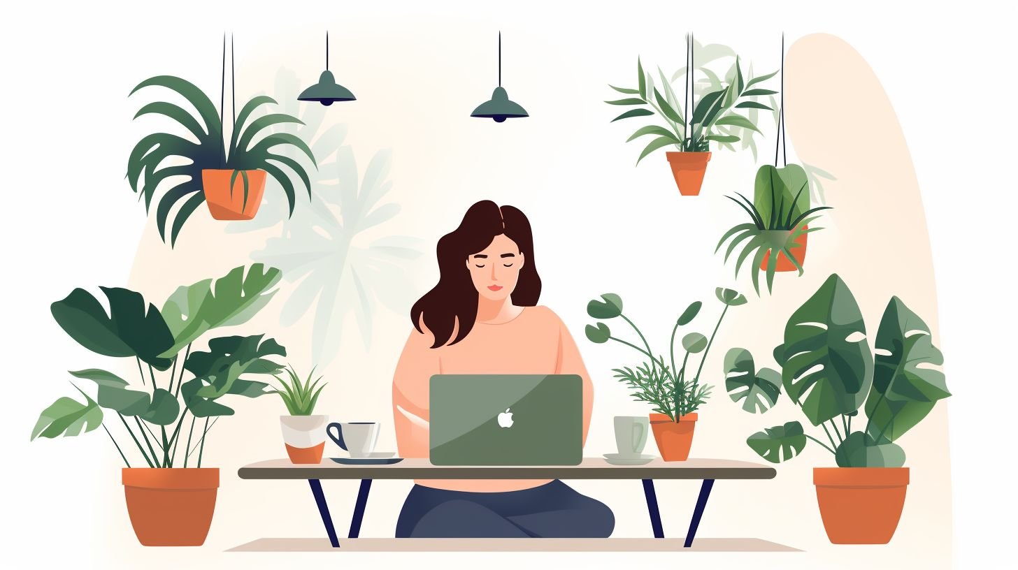 A woman working in a comfortable home office surrounded by plants.