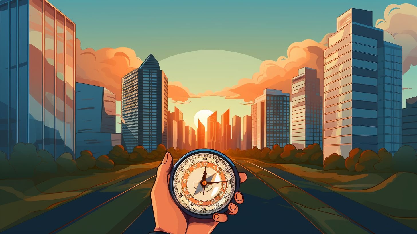 An investor in a modern cityscape holding a compass.