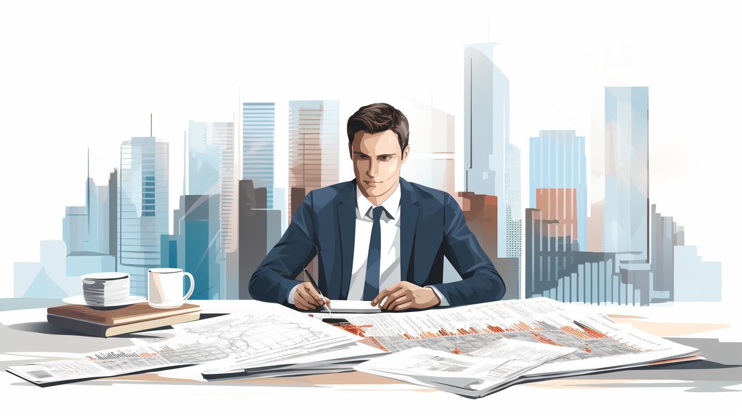 A businessman surrounded by paperwork and financial charts at a desk.