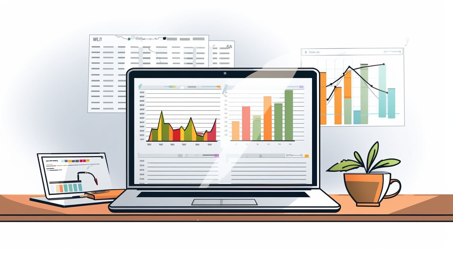 An organized office desk with laptop, charts, and financial documents.