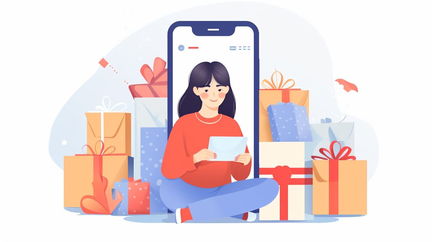 A woman uses a budgeting app while surrounded by holiday shopping bags.