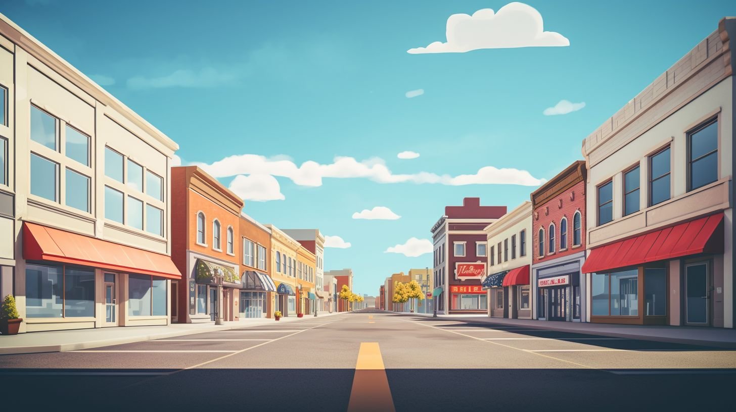 An empty city street with closed businesses and abandoned storefronts.