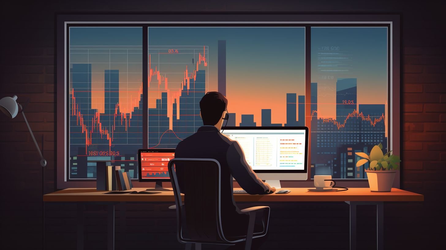 A person analyzing Forex trading charts on a laptop in an office.