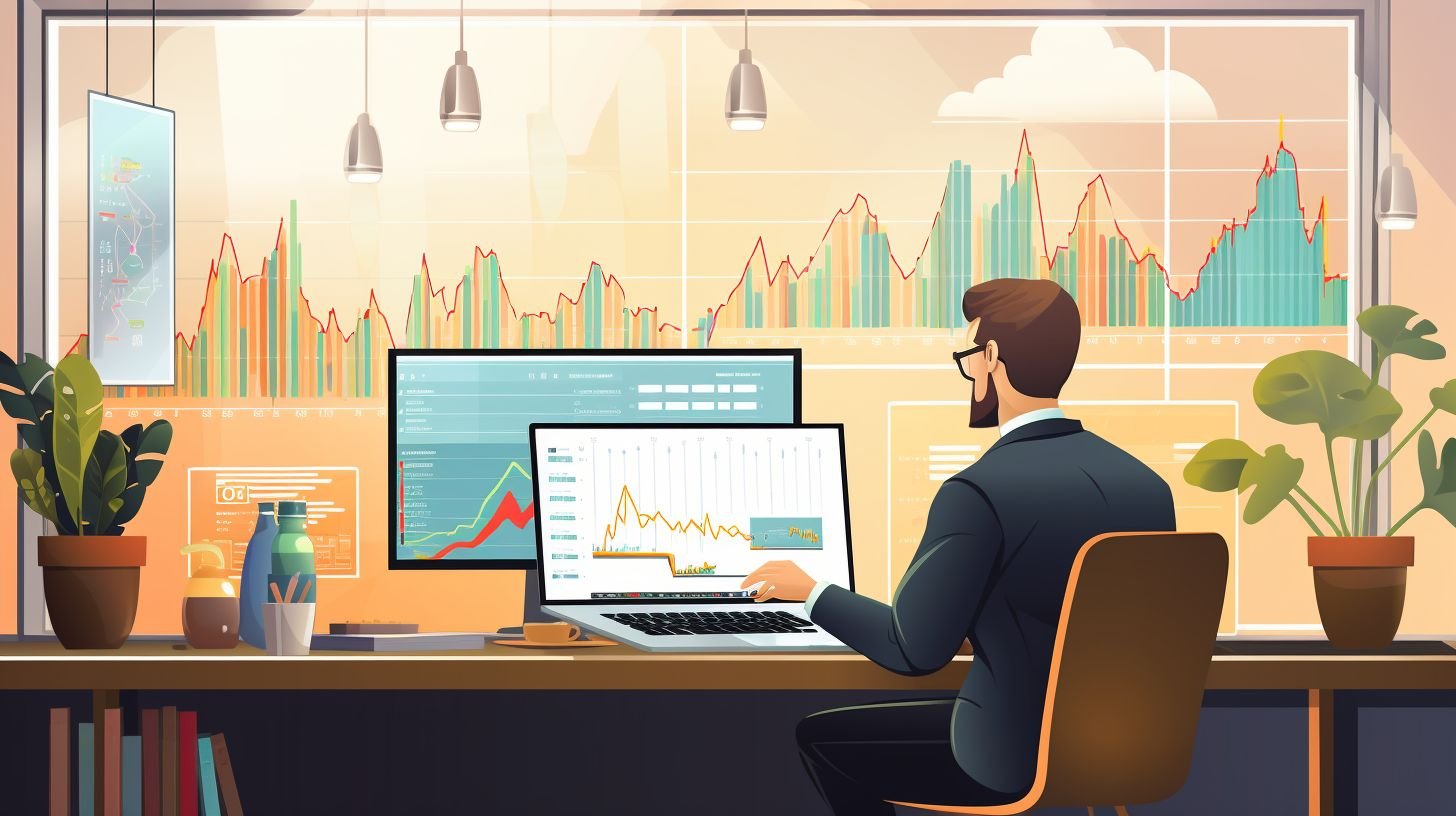 A person analyzing Forex trading charts on a laptop in an office.