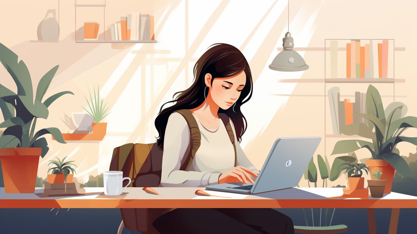 A woman working on her laptop surrounded by books in a coffee shop.