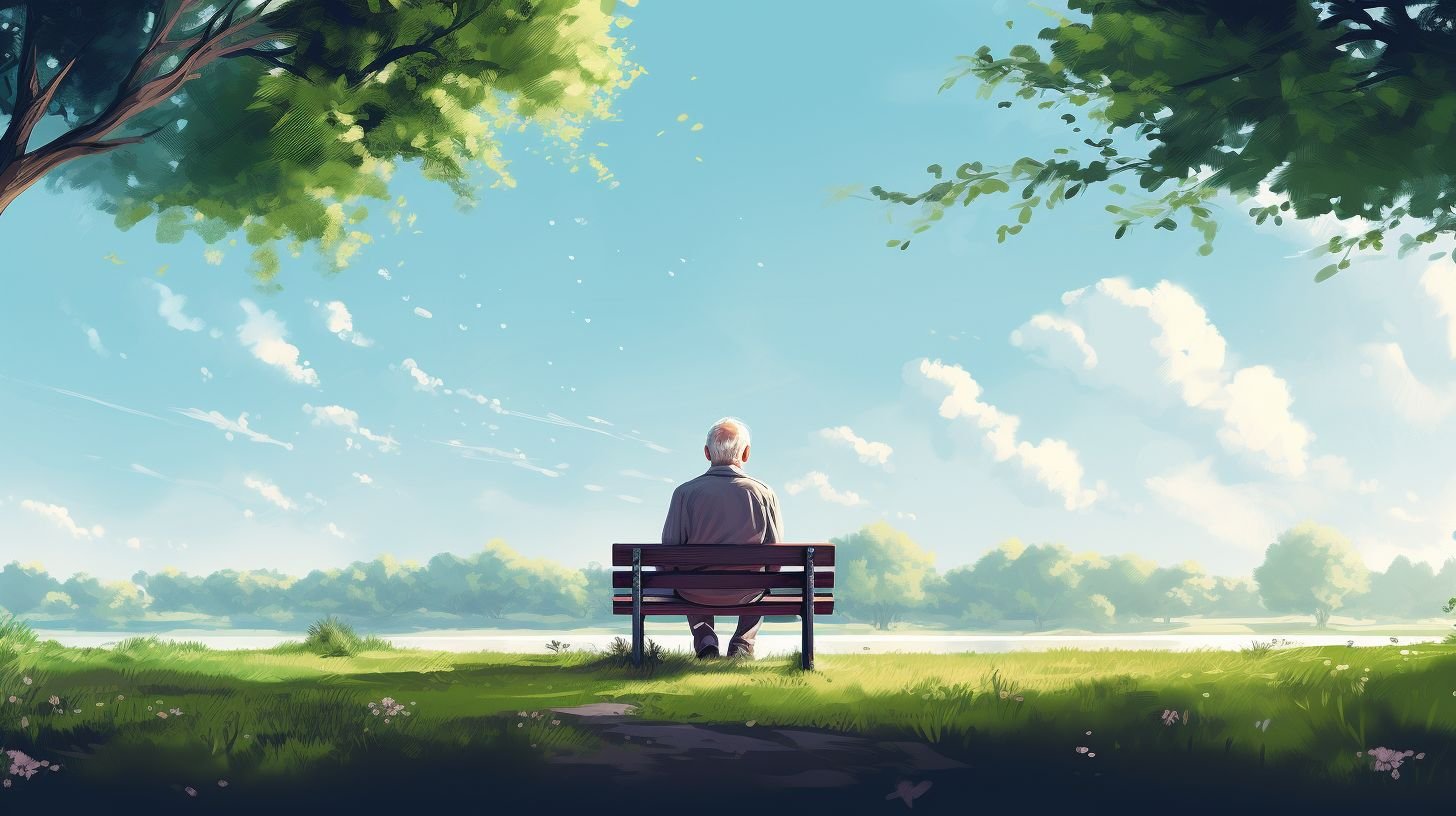 An elderly man reflects on his retirement journey in a peaceful park.