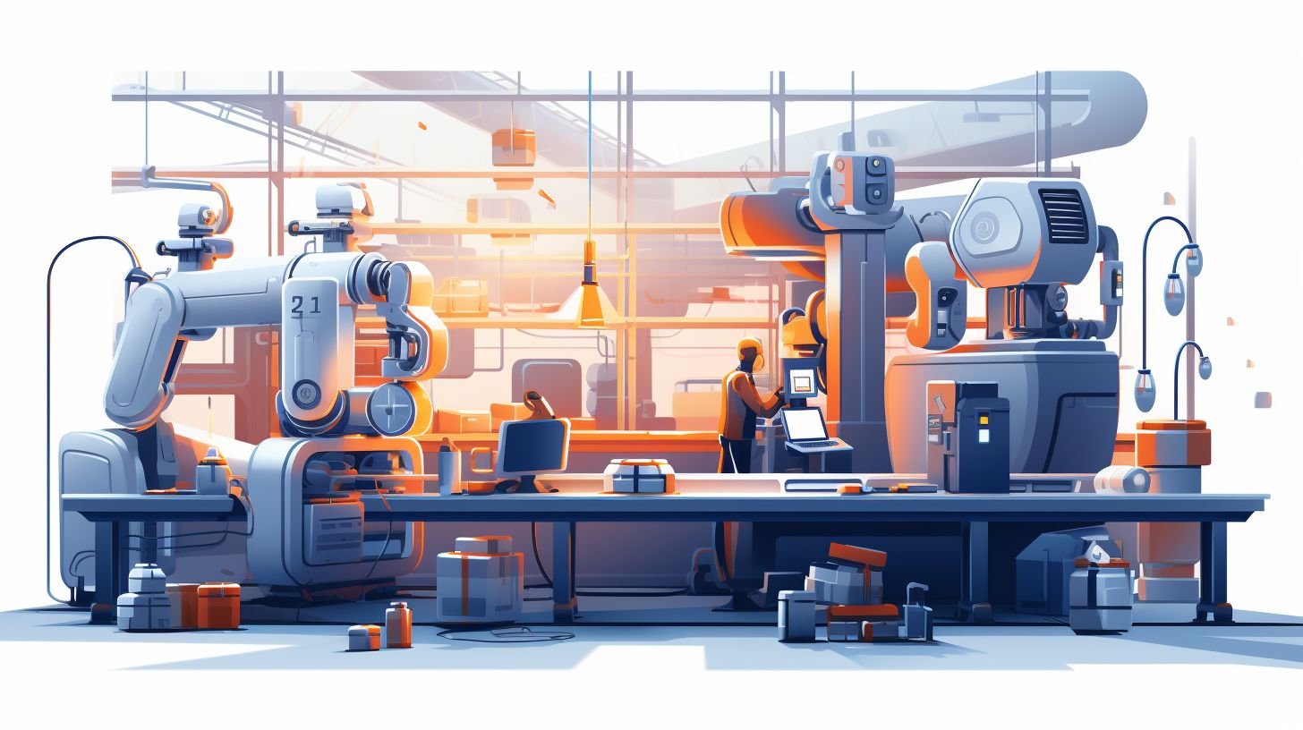 A futuristic workspace with AI-powered machines and robots.