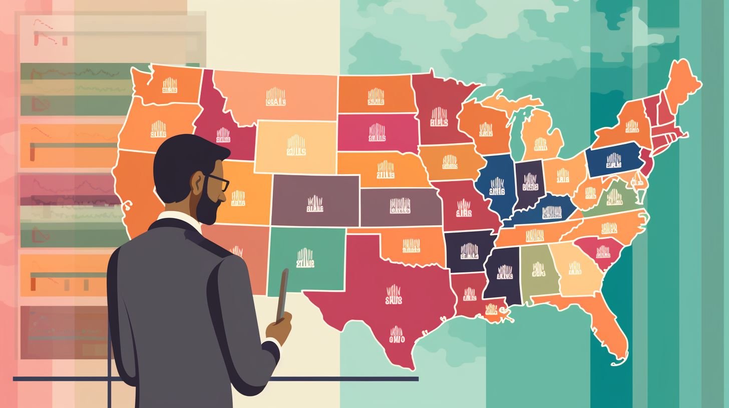 A man examining a map of the US displaying state income tax rates.